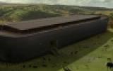 Large wooden ark on grassy field, surrounded by animals under a cloudy sky.