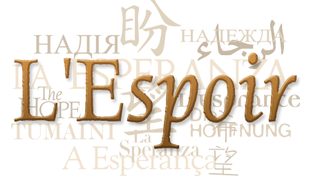 Words for "hope" in various languages in gold text.