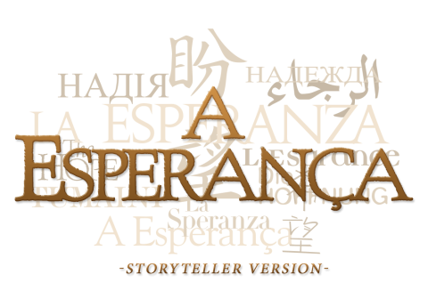 Text collage of the word "hope" in Portuguese with Storytellers