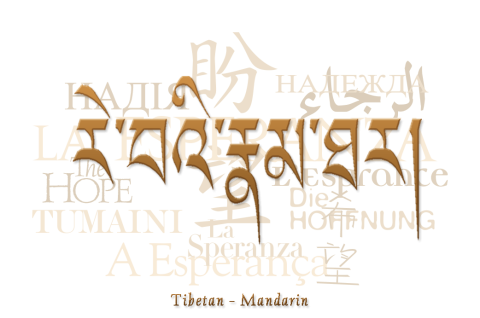 Text collage of the word "hope" in Tibetan-Mandarin